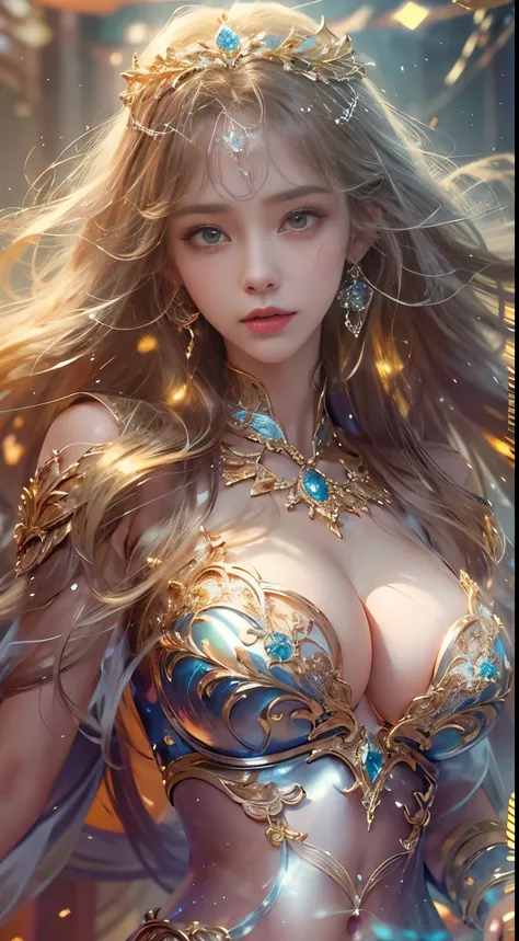 Woman in a golden transparent dress,view the viewer,(((Huge breasts, Large cleavage))),Slim waist,(navel baring,Bare waist), Long hair, Ultra-detailed details,High-end Zhenyi station, Rainstorm site, detailed fantasy art, Stunning character art, Beautiful ...