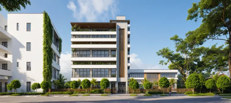 Raw photo,Masterpiece, high quality, best quality, authentic, super detail, soft lighting, high quality, exterior, outdoors, , Modern style hospital on the street vietnam
road, Corner perspective, realistic, highly detailed real estate, full interior, coz...
