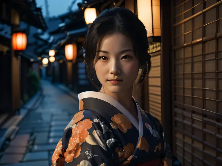 "In the slightly dim evening, the setting is Kyoto, Japan. Against the backdrop of the old Japanese townscape, a beautiful woman in a yukata is looking back. She resembles the famous "Mikaeri Bijin" by Hishikawa Moronobu. The woman in the kimono is illumin...