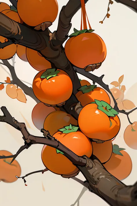 Illustration style，Persimmons hanging on branches，Close-up shot，Chinese style，Chinese，