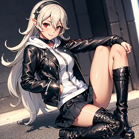 female corrin, unzipped_biker_jacket, black_leather_fabric, pleated_skirt, boots, white_hoodie_under_jacket, skinny, gentle_smil...