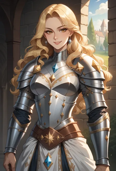 Medieval fantasy setting, masterpiece, extremely beautiful young twenty years blonde Sweden woman, sexy armour ((made exclusively full of diamonds:1.7)), ((diamond armour)), confident, powerful, strong, fit, long wavy blond hair, warrior, luxury, beauty  s...