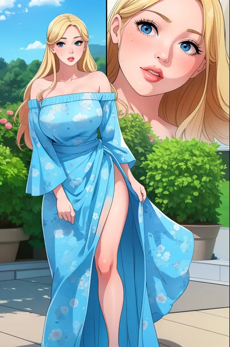 woman, long gold blonde shiny hair, blue big eyes, puffy lips, wearing a short sexy loose revealing sky-blue floral dress along ...