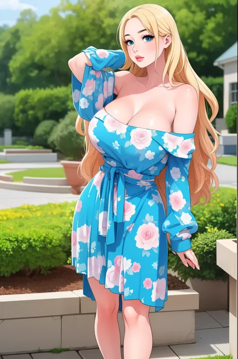 woman, long gold blonde shiny hair, blue big eyes, puffy lips, wearing a short sexy loose revealing sky-blue floral dress along with a pink sash around the waist and a white off-shoulder sweater, standing straight pose, hands joined together, looking at th...