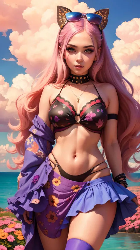 A woman with colorful hair and makeup posing for a photo in a fantasy world inspired by Lisa Frank. The sky is a vibrant pink and the clouds are an electric blue, while the ground is covered in pastel colored flowers and butterflies. El retrato es una mezc...