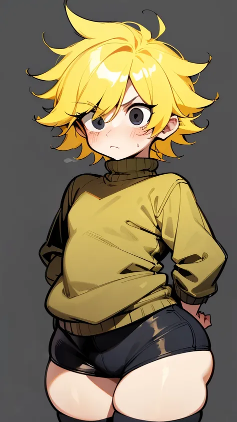 Tweek tweak, south park,(solo human male), (chibi:1.1), (cartoon eyes), 1boy,solo,half body, lower body,widen eyes,creepy eyes,innocent wide eyes, short eyelashes, (scared, nervous expression), (golden yellow short hair, spiky hair, neon yellow hair),(wide...