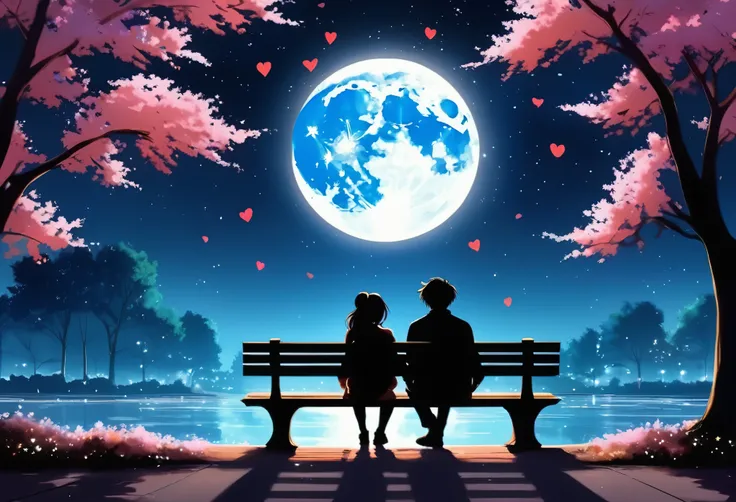 back view, anime style, a couple sitting on a bench in the park, at night, (valentine mood :1.2), full moon, heart-shaped shadow...