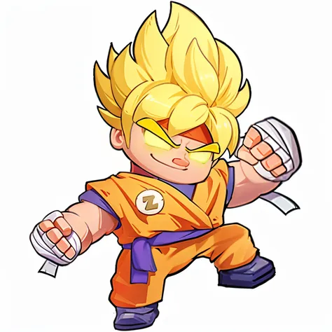 Red Cliff, cartoon, ..3D, Lovely, Blonde Q version of Goku，Q version style、 Cartoon character close-up 2D rendering、Brushstrokes、Goku punches，标清娃娃高品质的role conception, role conception的艺术, artstation for kids art, 高度详细的role conception, Cartoon Concept Art, r...