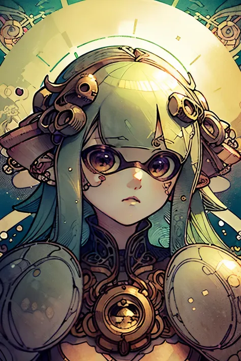 ((Detailed face)),Real Anime、((Mucha&#39;s style)),(((Splatoon Girl)))、(Vulgar),(Portraiture)、美しいPortraiture、beauty,, Sharp face line、Golden Eyes、Golden tentacle hair,Side Ponytail,(Put your arms behind your back:1.2),((Sex addiction)),gigantic breast、Deve...