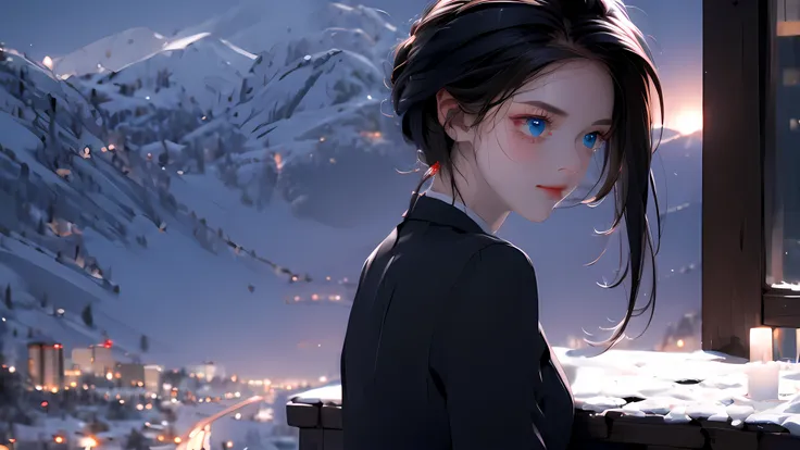 1 Boy&girl, medium light black hair, light blue eyes, wearing black suit, night city, 18+ , high res, ultrasharp, 8K, masterpiece, looking from behind