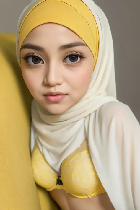 ((SLEEPING BEAUTY)), ((EYES WIDE )), ((OPEN BIG HUGE EYES)), Very Thin body (Wearing Bra Lingerie), (((HIJAB MALAY GIRL))), masutepiece, High quality, UHD 32K, Realistic face, Realistic skin feeling , A Malay Lady, 8 years old. ((YELLOW))