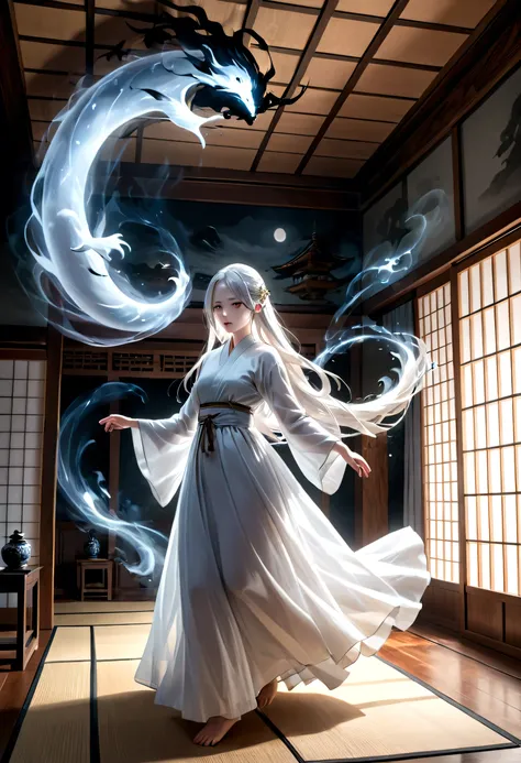 a beautiful ghostly girl with long white hair and black eyes, wearing a white dress, with an eerie supernatural aura, floating in a traditional Japanese room, (best quality,4k,8k,highres,masterpiece:1.2),ultra-detailed,(realistic,photorealistic,photo-reali...