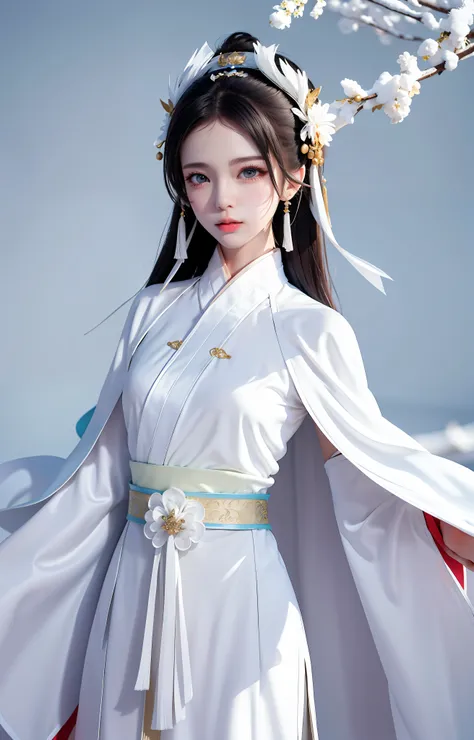 Best quality, masterpiece, White Hanfu, Taoist robe, Snow Scene. Ribbon on headdress, cape