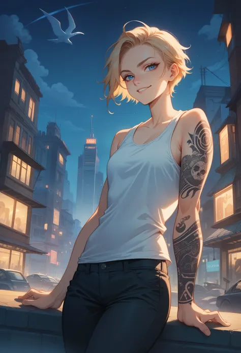 young girl short hair, blond hair, high faux hawk haircut, blue eyes, tattoed arm with thunders, black thunder tattoos, tank top...