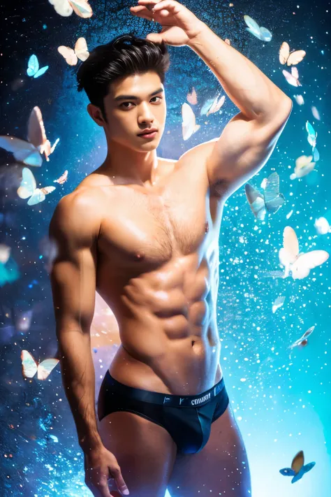 (8K, RAW photo, Highest quality) masterpiece, 1 young boy, 18 years old, Asian muscular man Look at viewer, standing forward, showing his huge muscular breasts, puffy nipples, sexy six packs, narrow waist, Handsome, Topless, Thick body hair, man wearing th...