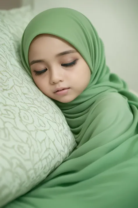 ((SLEEPING BEAUTY)), ((EYES WIDE )), ((OPEN BIG HUGE EYES)), Very Thin body (Wearing Bra Lingerie), (((HIJAB MALAY GIRL))), masutepiece, High quality, UHD 32K, Realistic face, Realistic skin feeling , A Malay Lady, 8 years old. ((Face cute like a baby)), (...