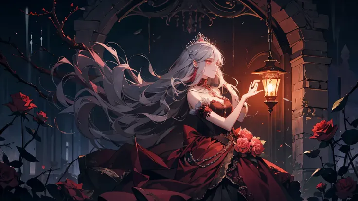 Princess, red lamp, haunting, mysterious, imprisoned, axe, chains, bioluminescent path, briar, roses, thorns, bushes, sacrifice