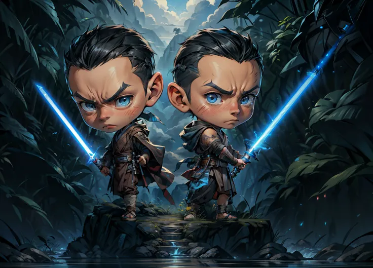 1boy, two young jedi, chibi, serious face, black hair, muscular, ((jedi outfit)), holding blue light saber, blue sky, cloud