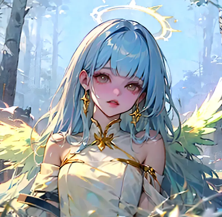 (high quality) (best quality) (a woman) (correct physiognomy) Woman, white hair with bangs on her forehead, four small angel wings coming out of her head, two on the left side and two on the right side, two angel wings coming out of her back, a golden halo...