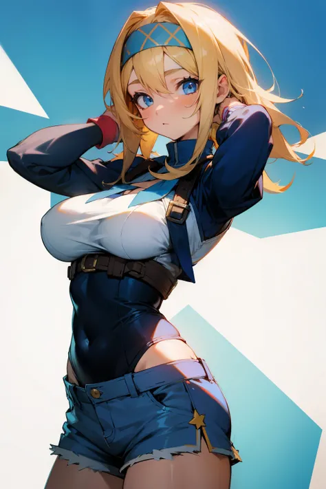 Girl, blonde hair, blue eyes, blue headband, short pants, big breasts, 