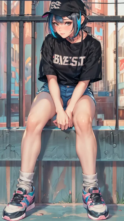 "best quality,ultra-detailed,((background:outside the park1,8)),(one boy),(full body),portraits,((sissy boy,tomboy,FemBoy,trap1,8)),((bulge1.8)),(natural makeup),sitting,black choker,necklace,earrings,(baseball cap),(short black hair),boys face,boys body,(...