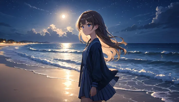 a young girl walking on the sandy beach, calm ocean waves, serene night sky, anime style, detailed face, long hair, beautiful eyes, detailed clothing, realistic lighting, cinematic composition, highly detailed, 8k, photorealistic, (best quality, 4k, 8k, hi...