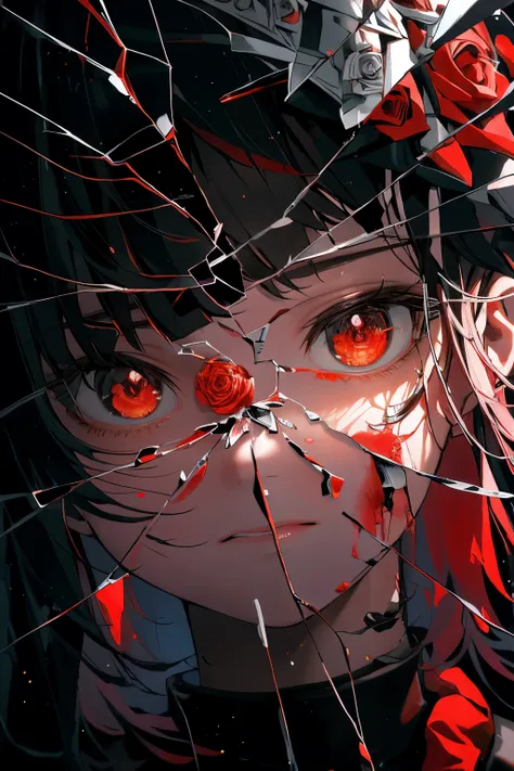 1 girl,alone,red eyes,bloody rose