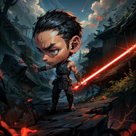 1boy, Two young jedi, Chibi, Serious face, orange eyes, black hair, muscular, ((jedi outfit)), holding red light saber, blue sky, cloud