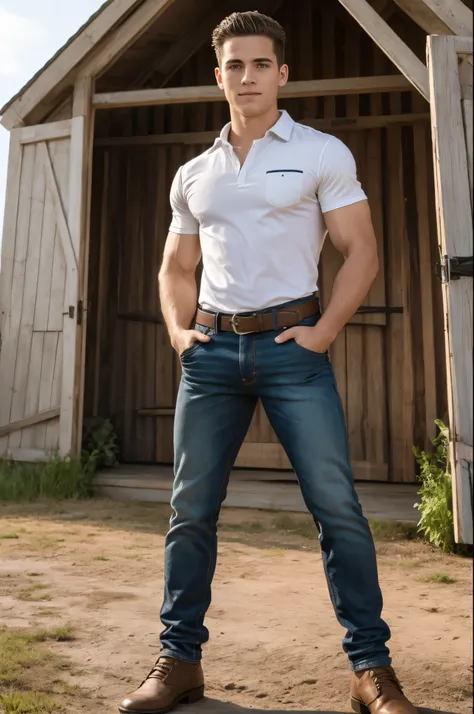 Tanner Buchanan, ((masterpiece)), ((best quality:1.2)), High Resolution, 8k, full body image, (ultra_realistic:1.3), (photorealistic:1.4), sharp focus, 1boy, (perfect face), wide angle, handsome, outdoors, standing in front of barn, TannerBuchanan, slight ...