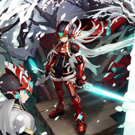 megzeromyth2023, 1boy, long white hair, red armor, green energy sword, high quality, masterpiece, standing with green flames com...