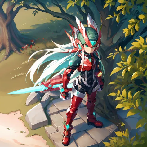 megzeromyth2023, 1boy, long white hair, red armor, green energy sword, high quality, masterpiece, standing with green flames coming from a tree