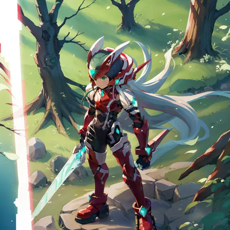 megzeromyth2023, 1boy, long white hair, red armor, green energy sword, high quality, masterpiece, standing with green flames coming from a tree