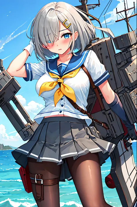 best quality, masterpiece, highres, solo, {hamakaze_kantaicollection:0.90}, 1girl, loli,younger_teen,black_pantyhose, pleated_skirt, serafuku, short_sleeves, simple_background, white_background, yellow_neckerchief, white_gloves, looking_at_viewer, grey_ski...