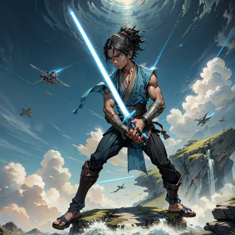 1boy, two young jedi, chibi, serious face, black hair, muscular, ((jedi outfit)), holding blue light saber, blue sky, cloud