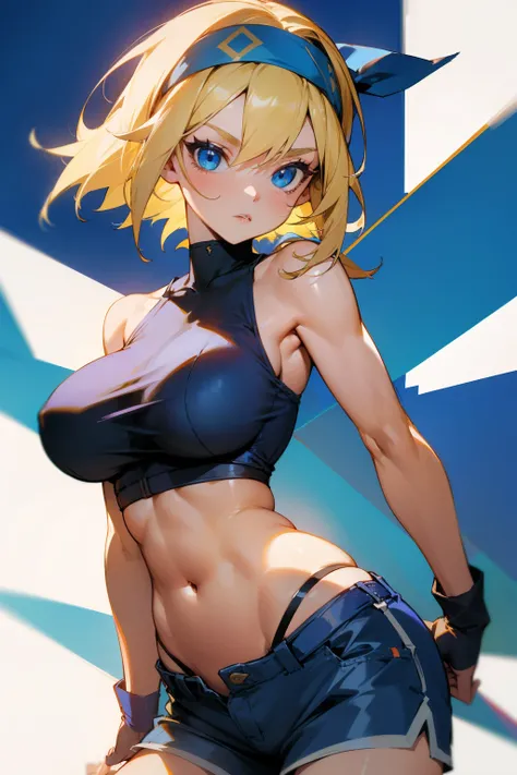 Girl, blonde hair, blue eyes, blue headband, short pants, big breasts, 