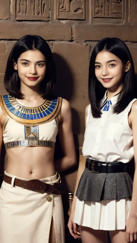 244 (18 year old female and 18 year old male), short hair,kind, lipstick, Egyptian civilization, Belt on waist, hieroglyph, smile