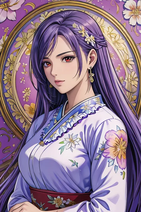 (​masterpiece, top-quality, top-quality, Official art, Beautifully Aesthetic:1.2), red eyes, (highest quality, masterpiece painting:1.3), immature woman, 16 years old, (half body shot), masterpiece, ultra high resolution, (((Flower frame, A lot of flowers ...