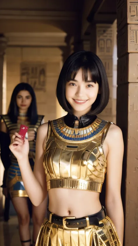 244 (18 year old female and 18 year old male), short hair,kind, lipstick, Egyptian civilization, Belt on waist, hieroglyph, smile