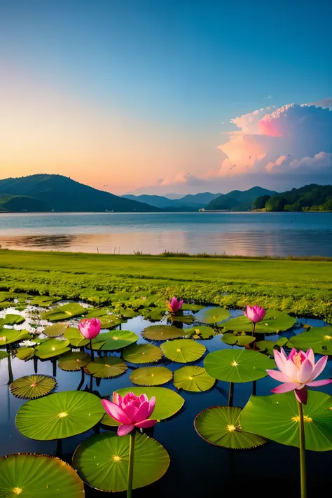 Ibaraki県，Ibaraki，landscape，mysterious，Fantasy，wide lake，lotus，