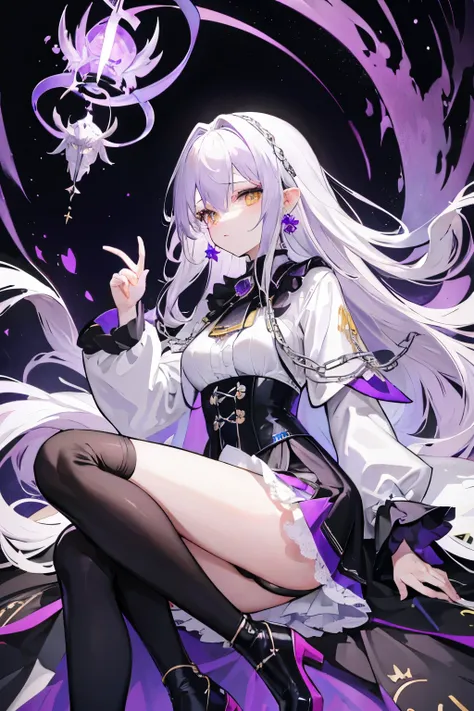 Purple gradation on white hair、Long Straight Hair、Purple and yellow eyes、Cloak up to the waist、Black clothes、fishtail skirt、cool、garter belt、corset、boots、Ametrine-like color、Purple and yellow pendulum chain earrings、Playing chess、1 person、Girl、