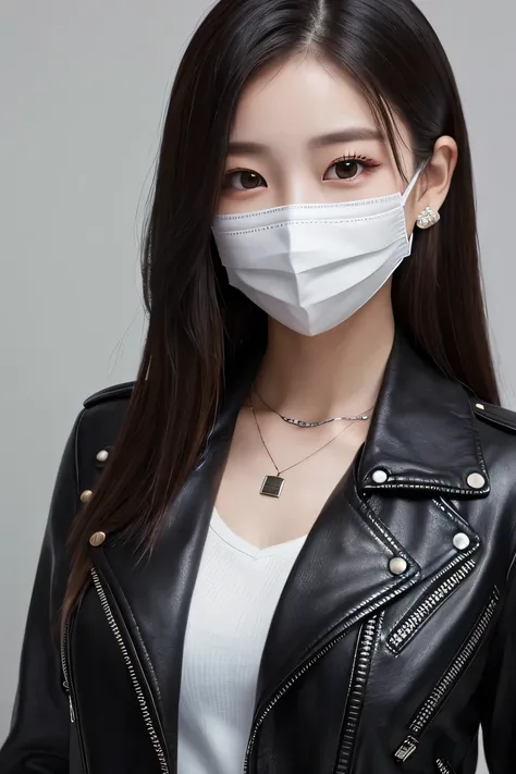 Beautiful Young Woman of the Year、 Korean women、Black Hair、Necklace around the neck、leather jacket、shirt、Mask on mouth、Intricate details, Very detailed:1.2), 、 Looking into the camera,The background is the town、ear piercing