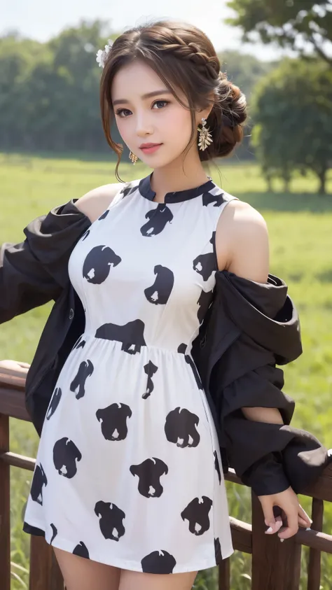 cow patterned dress, Beauty, Surrounded by lots of cows around, closeup
