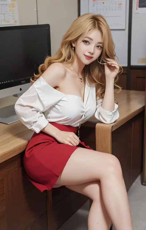 highest quality、masterpiece、Ultra-high resolution、Realistic、RAW Photos、1 girl、Sexy Looks、Shoulder hair、The lower half of the body is curled up and wild...、Cute Smile like a model、frontage、hair color is blonde、Red tight mini skirt、Regular high heels、Double ...