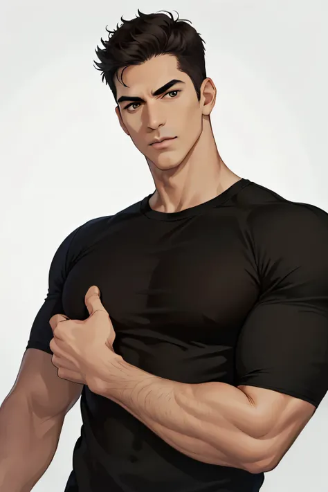 (absurd, a high resolution, Super detailed, realistic, ), 1 man, One, adult, mature, Tall and muscular man, broad shoulders, good looking, short hair, black hair, Brown eyes, square jaw, thick eyebrows, night, dark, black T-shirt, Upper body, portrait, (da...