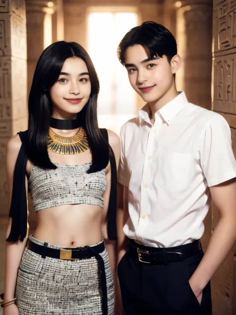 244 (An 18-year-old female and an 18-year-old male), short hair,kind, lipstick, Egyptian civilization, Waist belt, Hieroglyphics, smile