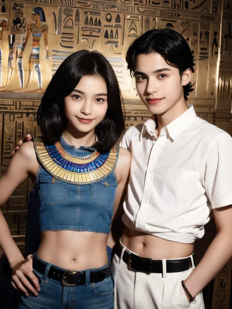 244 (An 18-year-old female and an 18-year-old male), short hair,kind, lipstick, Egyptian civilization, Waist belt, Hieroglyphics, smile