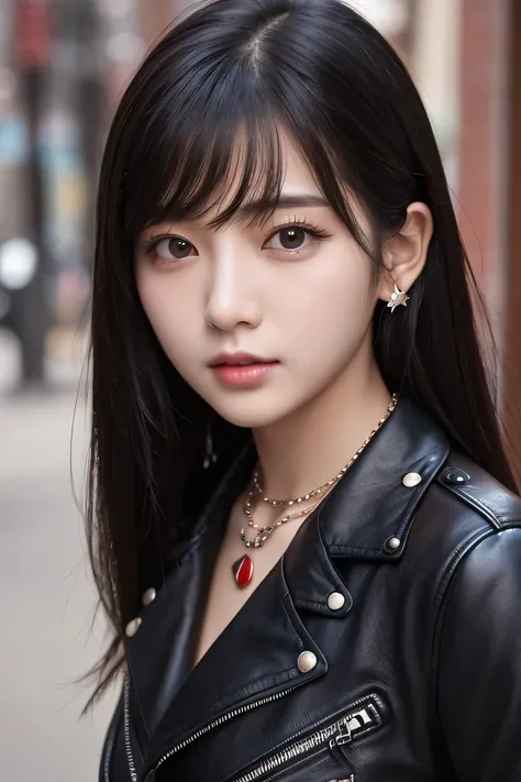 Beautiful Young Woman of the Year、 Korean women、Black Hair、Necklace around the neck、leather jacket、shirt、Ahegao、Intricate details, Very detailed:1.2), 、 Looking into the camera,The background is the town、ear piercing

