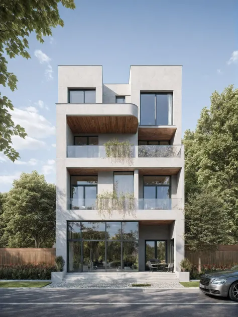 villa moderne, (style moderne:1.2), exterior design, vue de perspective, (block sidewalks and asphalt roads), (la maison du voisin d'Beside), (jour light sky background), Arbres bas autour de la maison, atmosphère globalement paisible photo cinématogra...