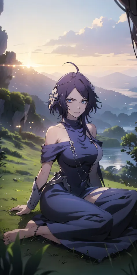 mc, ahoge, (long hari, purple hair:1.3), hair ornament, dark-blue eyes, breasts, epic art, fantasy, 1girl, grass, solo, barefoot...