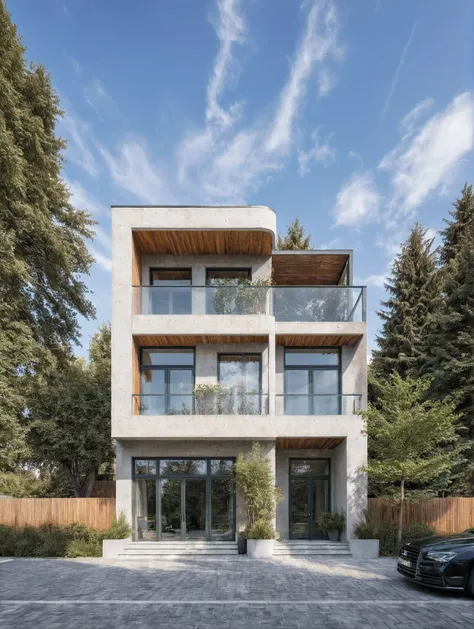 villa moderne, (style moderne:1.2), exterior design, vue de perspective, (block sidewalks and asphalt roads), (la maison du voisin d'Beside), (jour light sky background), Arbres bas autour de la maison, atmosphère globalement paisible photo cinématogra...